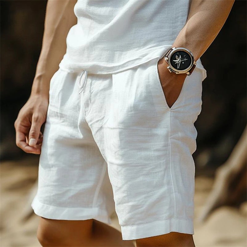 Men'S Cotton And Linen Summer Pocket Drawstring Elastic Waist Solid Color Comfortable Breathable Casual Daily Shorts - Image 4